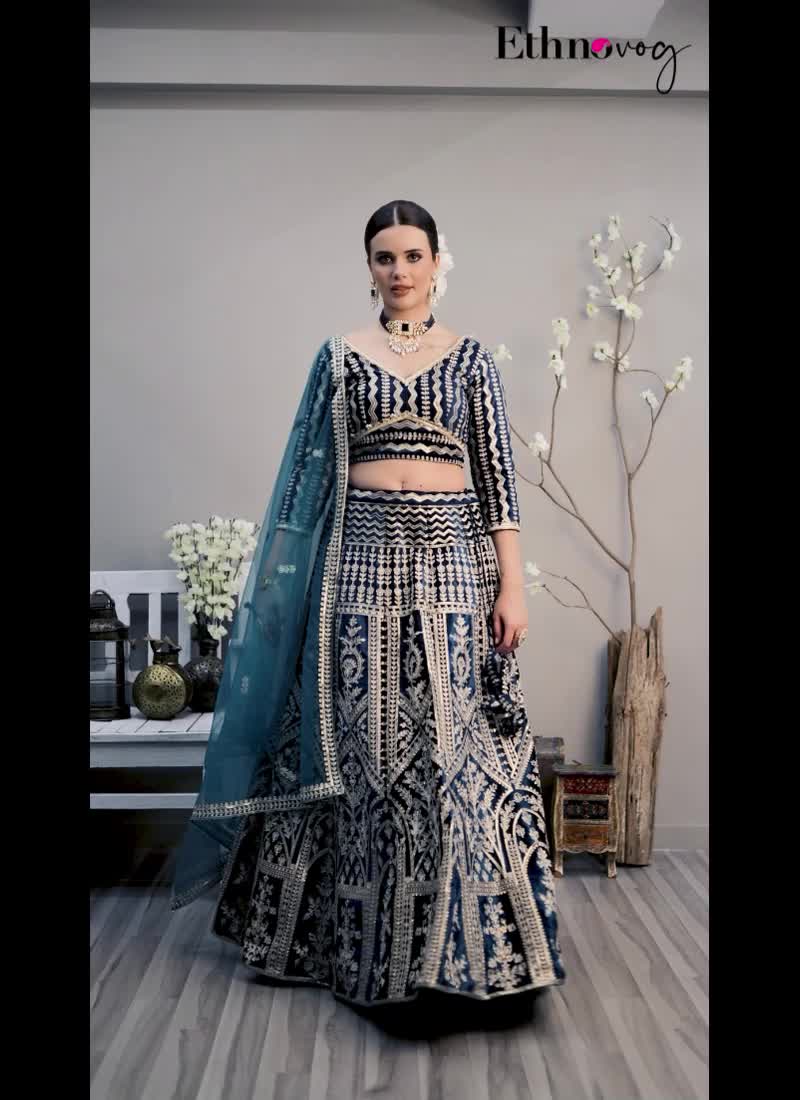 Classic Blouse With Teal Blue Velvet Lehenga Wedding Wear