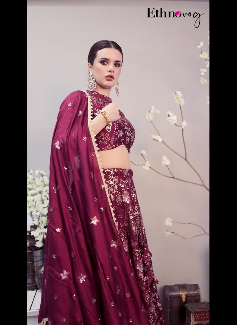 Classic Blouse With Wine Embroidered Lehenga Set Wedding Wear
