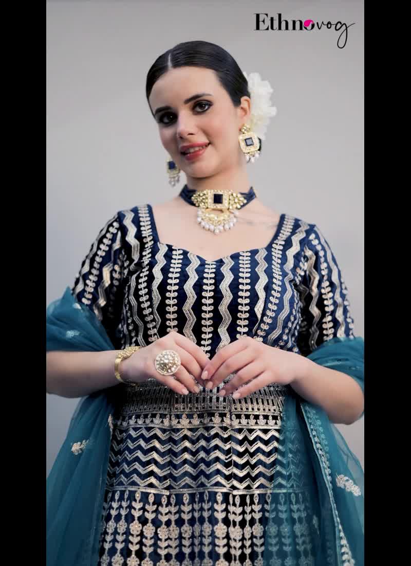 Classic Top With Teal Blue Velvet Anarkali Suit Wedding Wear