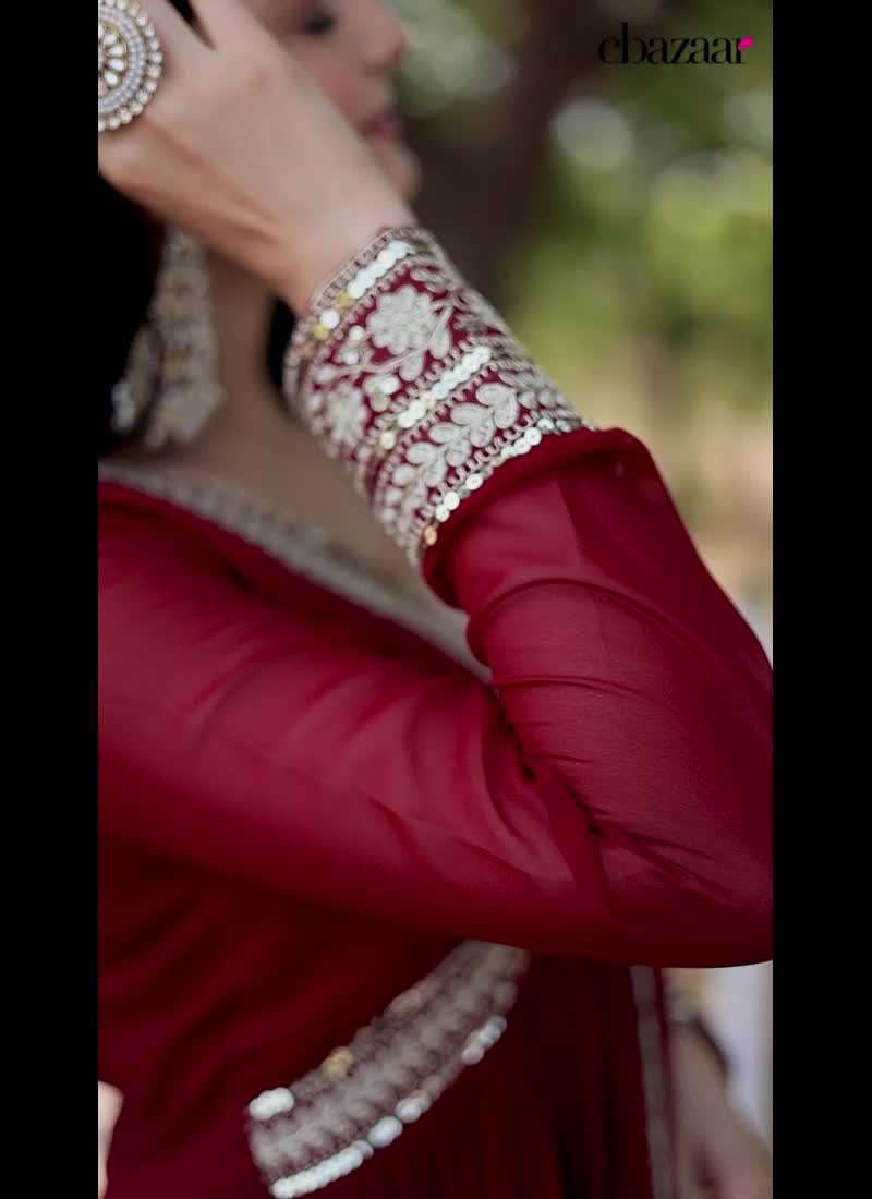 Classy Anarkali Gown In Red Georgette Embroidered Sequins With Dupatta Party Wear