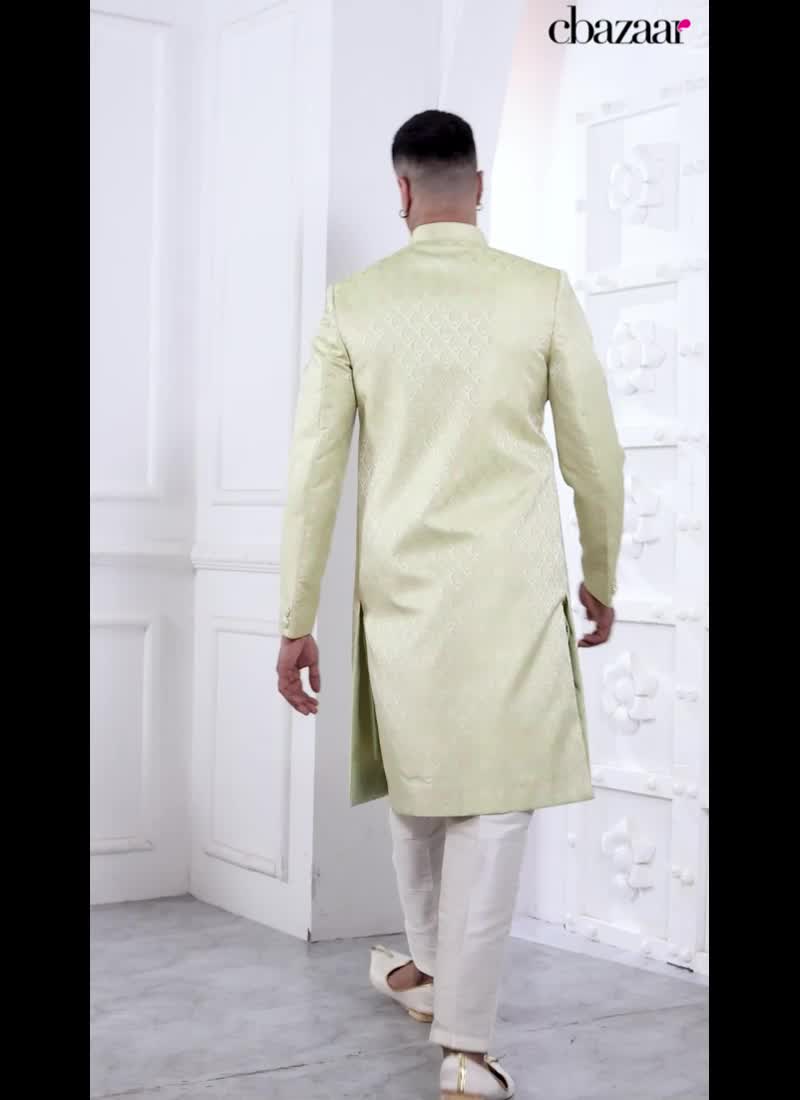 Classy Green Jacquard Silk Indowestern Sherwani Party Wear