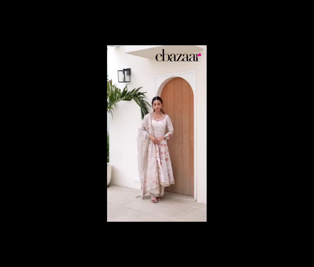 Classy Off White Jam Silk Digital Foil Print Anarkali Suit Festive Wear