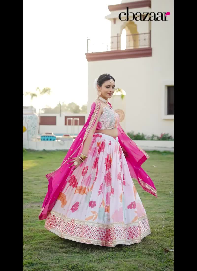 Classy White Satin Digital Print Zari With Sequins Lehenga Wedding Wear