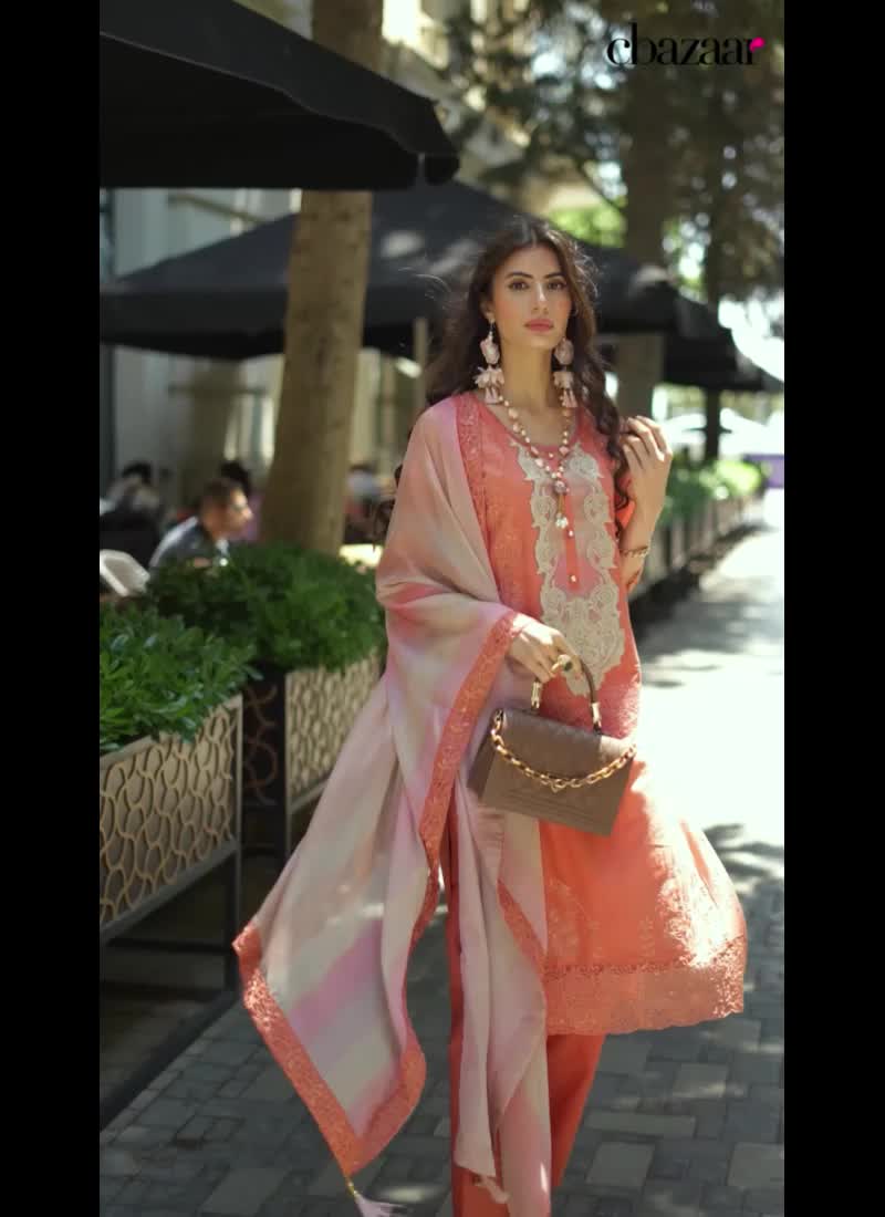 Coral Pink Cotton Embroidered Patch Work Straight Pant Suit For Stylish Party Wear