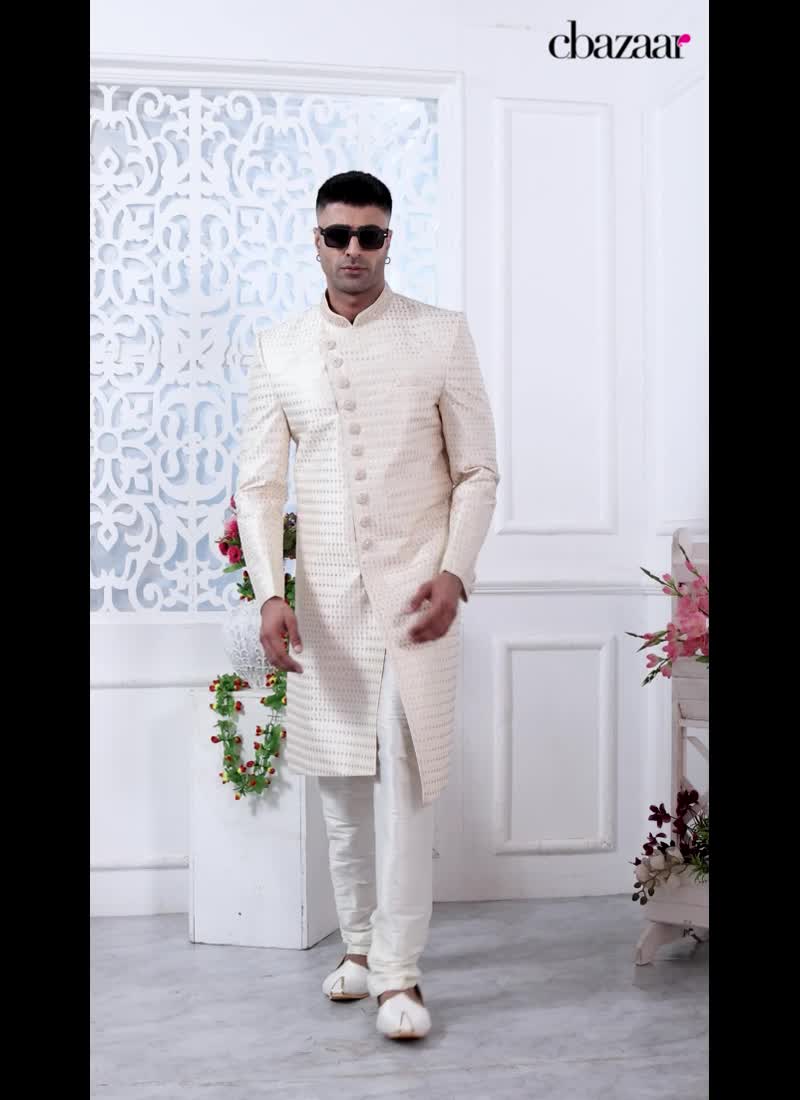 Cream Embroidered Silk Classic Sherwani Party Wear