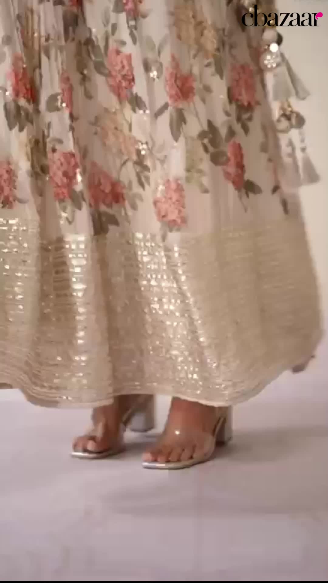 Cream Embroidery Printed Organza Silk Anarkali Suit Party Wear
