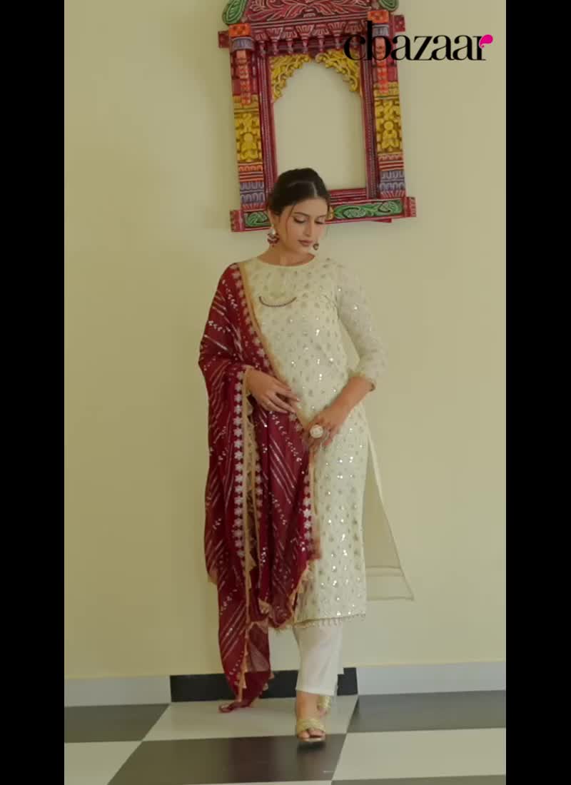 Cream Faux Georgette Zari Embroidered Sequins Straight Pant Suit Festive Wear