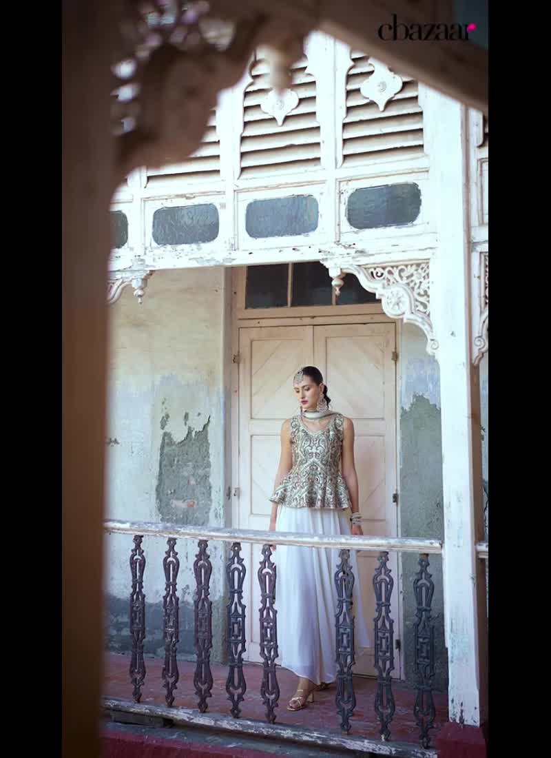 Cream Satin Embroidered Stone Chic Palazzo Suit With Dupatta Party Wear