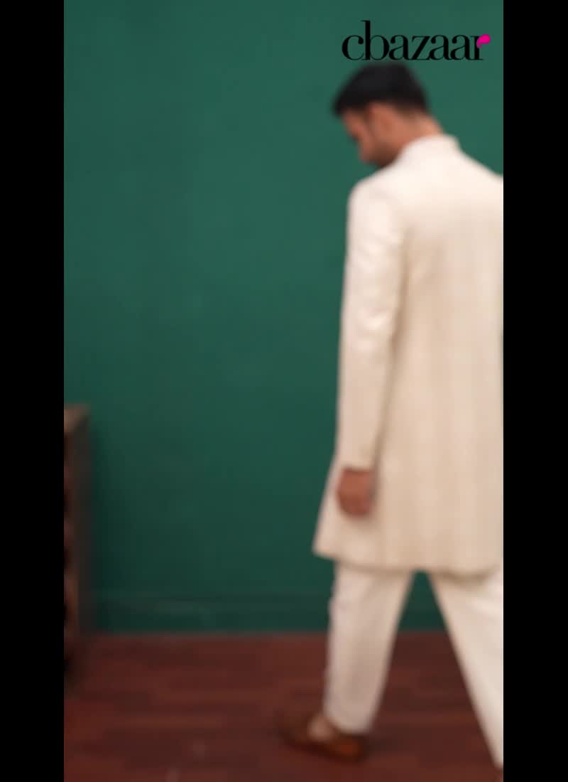 Cream Silk Embroidered Sequins Indowestern Sherwani Wedding Wear