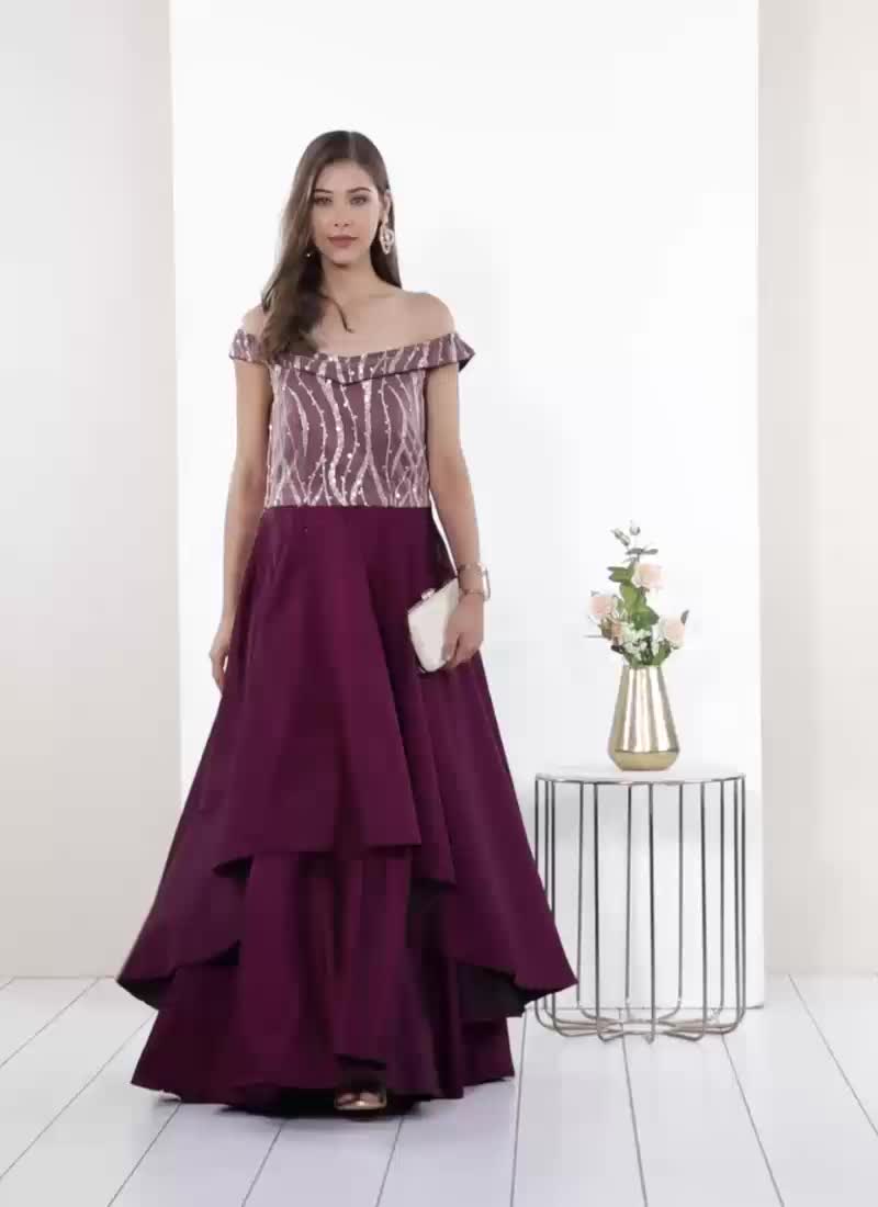 Dark Purple Embroidered Off Shoulder Gown Party Wear