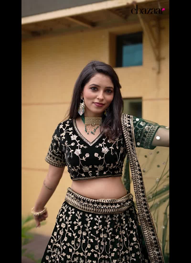 Deep Green Velvet Embroidered Sequins A Line Lehenga With Dupatta Wedding Wear