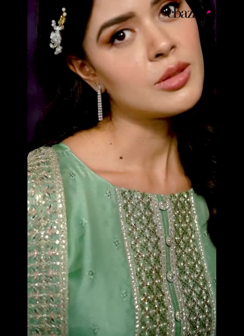 Dusty Green Organza Straight Pant Suit With Embroidered And Sequins Festive Wear