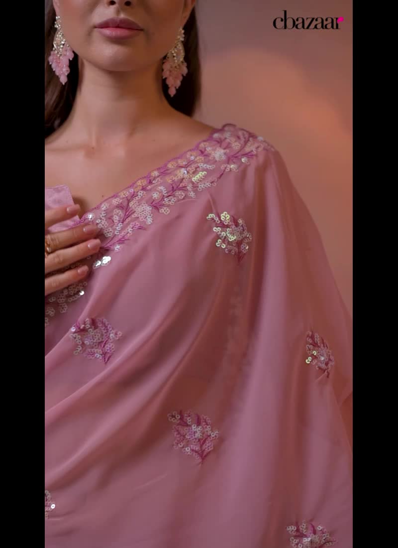Dusty Pink Georgette Embroidered Sequins Chic Saree For Classic Indian Women Party Wear