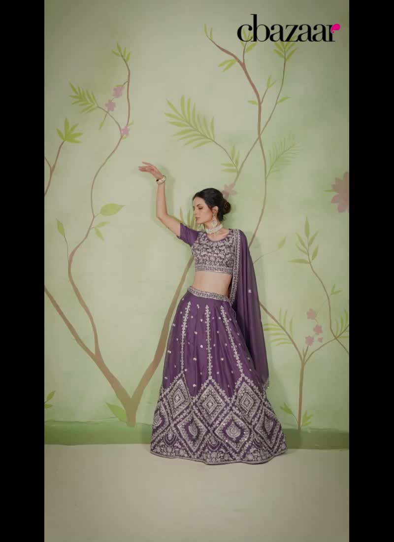 Dusty Purple Chinon Zari Embroidered Sequins Lehenga Wedding Wear