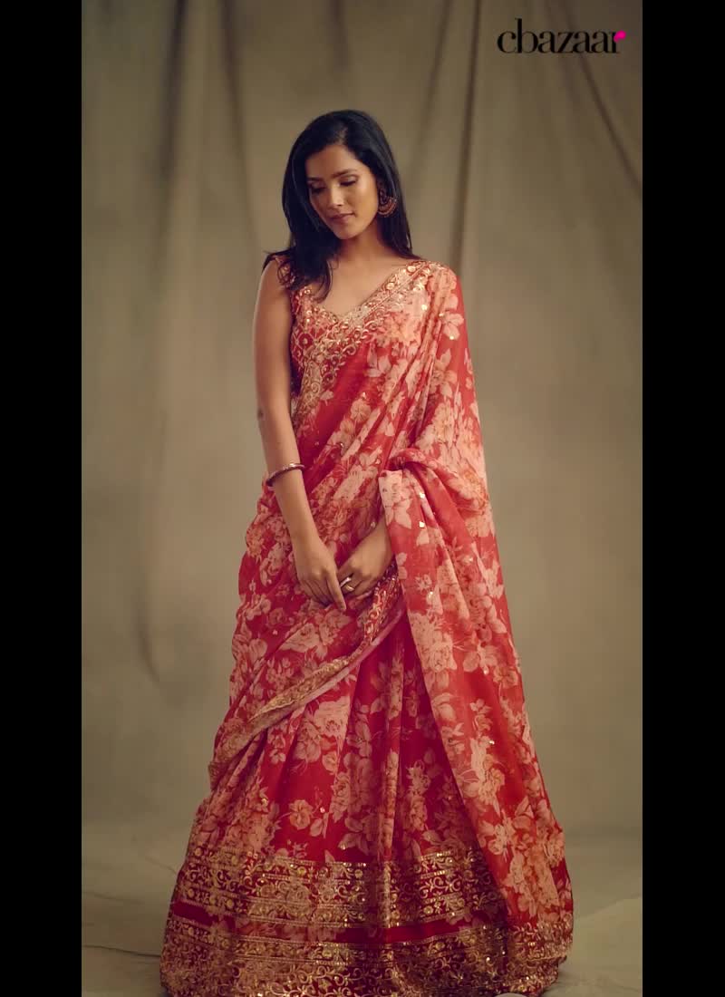 Dusty Red Organza Floral Digital Print Umbrella Lehenga Party Wear