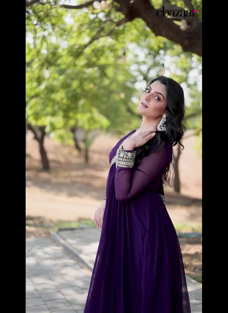 Elegant Anarkali Gown In Purple Georgette Embroidered Sequins With Dupatta Party Wear
