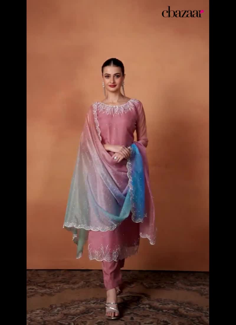 Elegant Stone Work Mauve Organza Straight Pant Suit Festive Wear