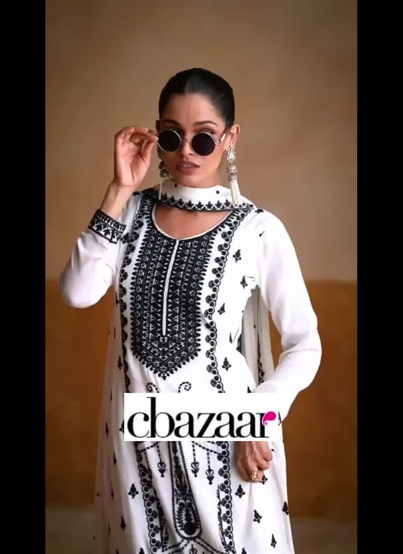 Elegant White Chinon Embroidered Pakistani Palazzo Suit Festive Wear