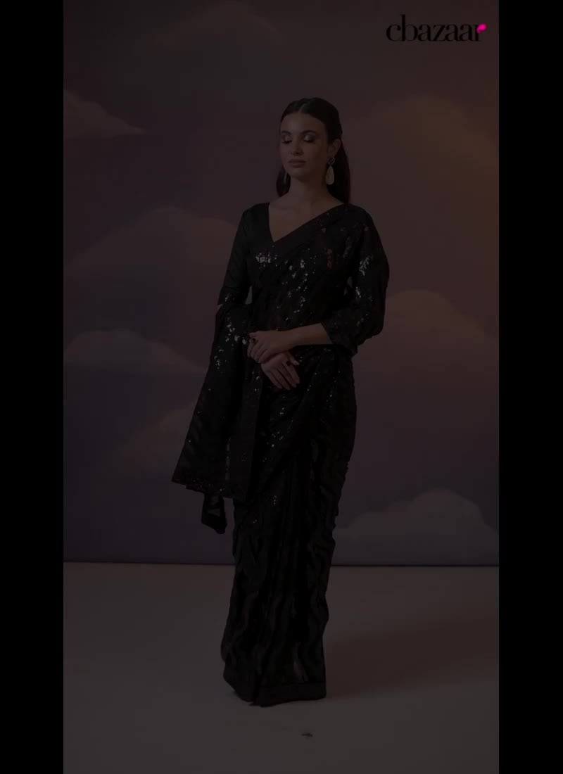 Embossed With Sequins Black Faux Georgette Saree After Six Wear
