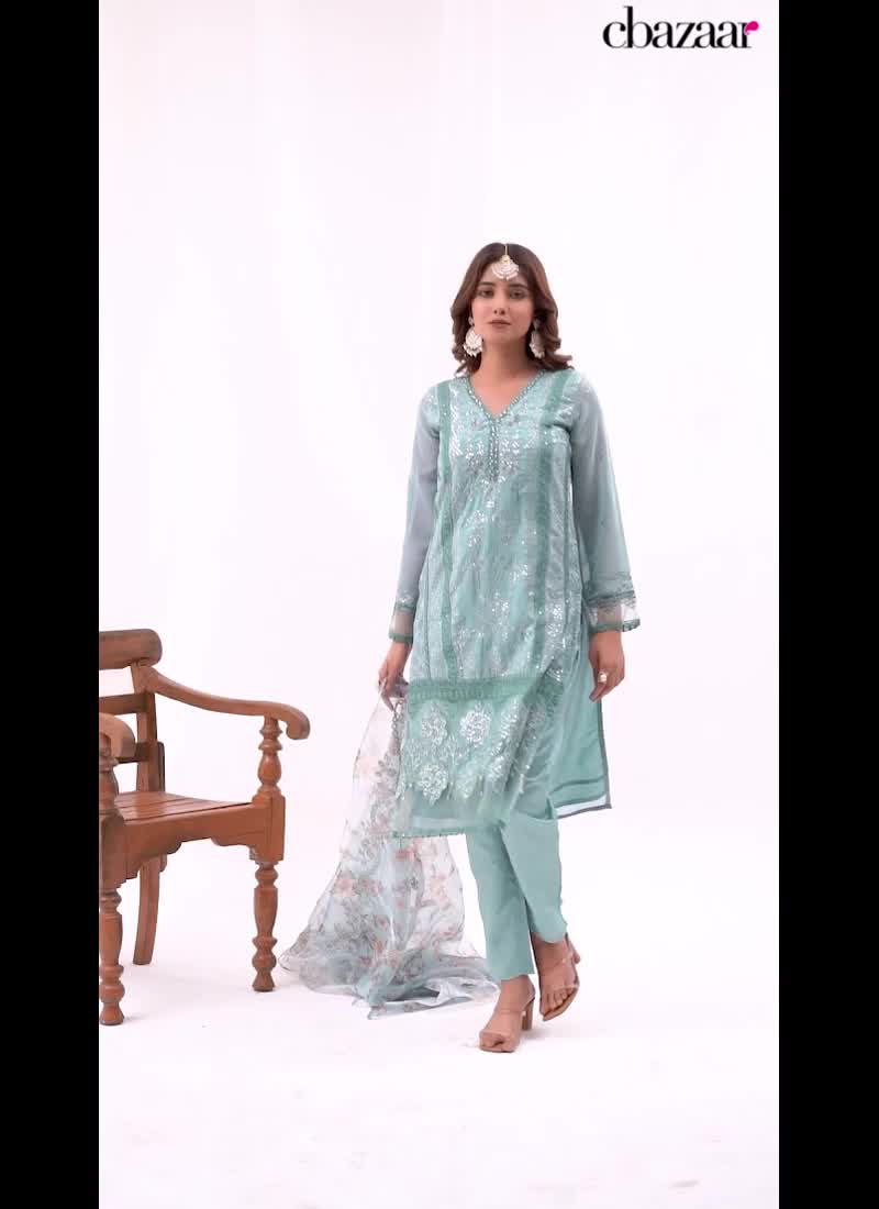Embroidered Beads Powder Blue Faux Georgette Pakistani Suit Party Wear