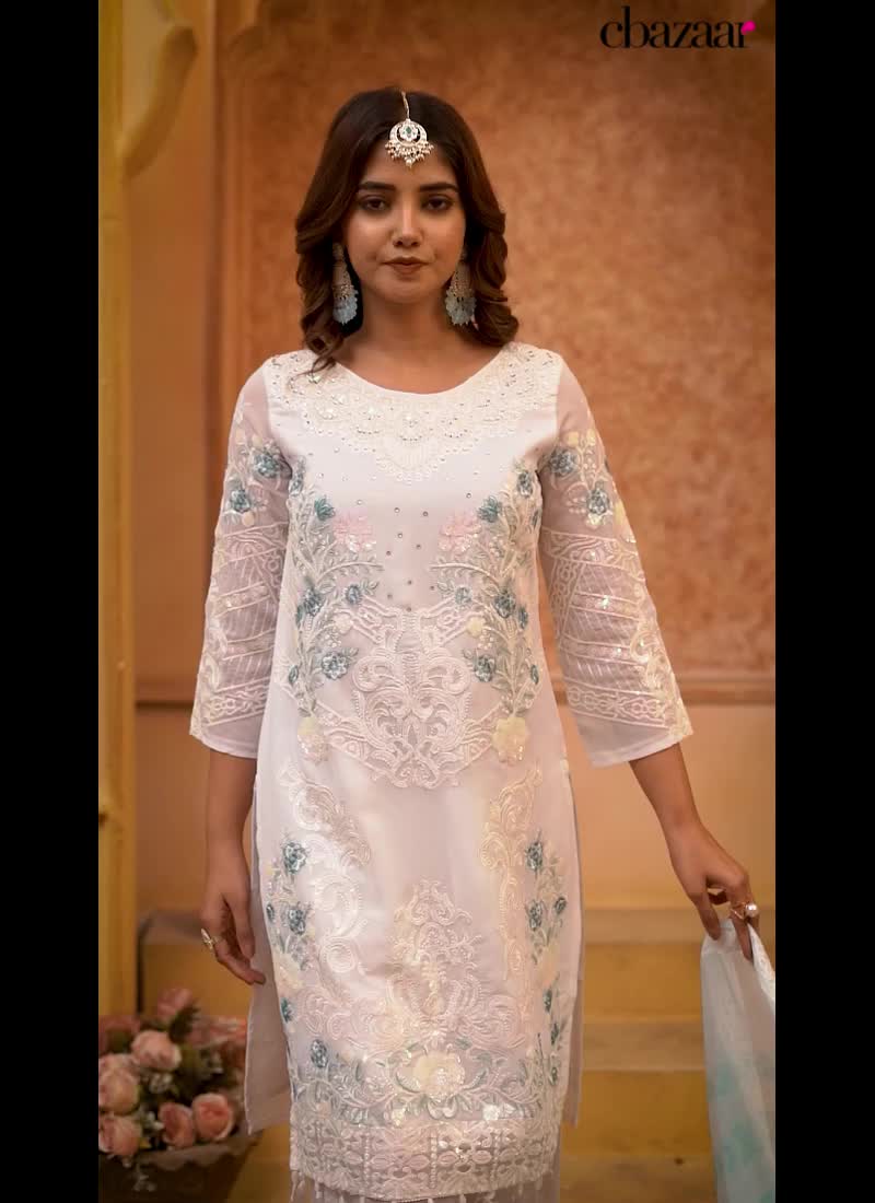 Embroidered Beads White Faux Georgette Pakistani Suit Party Wear