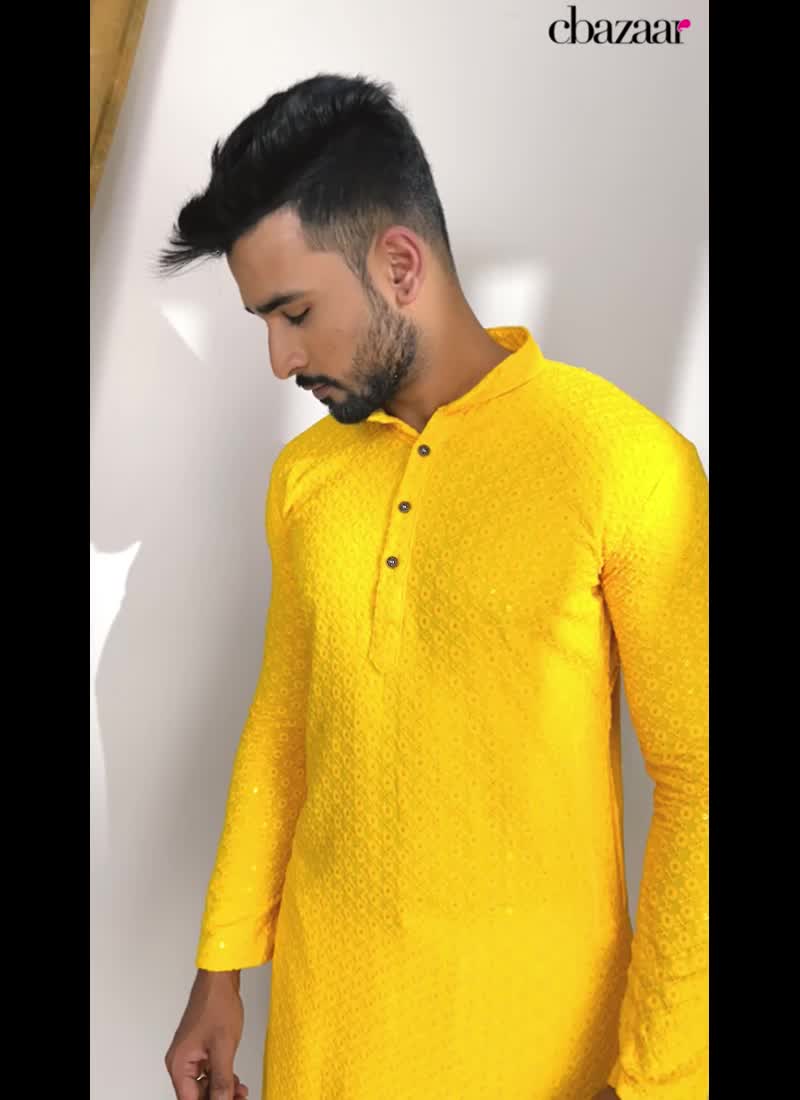 Embroidered Sequins Cotton Mustard Kurta Pyjama Party Wear