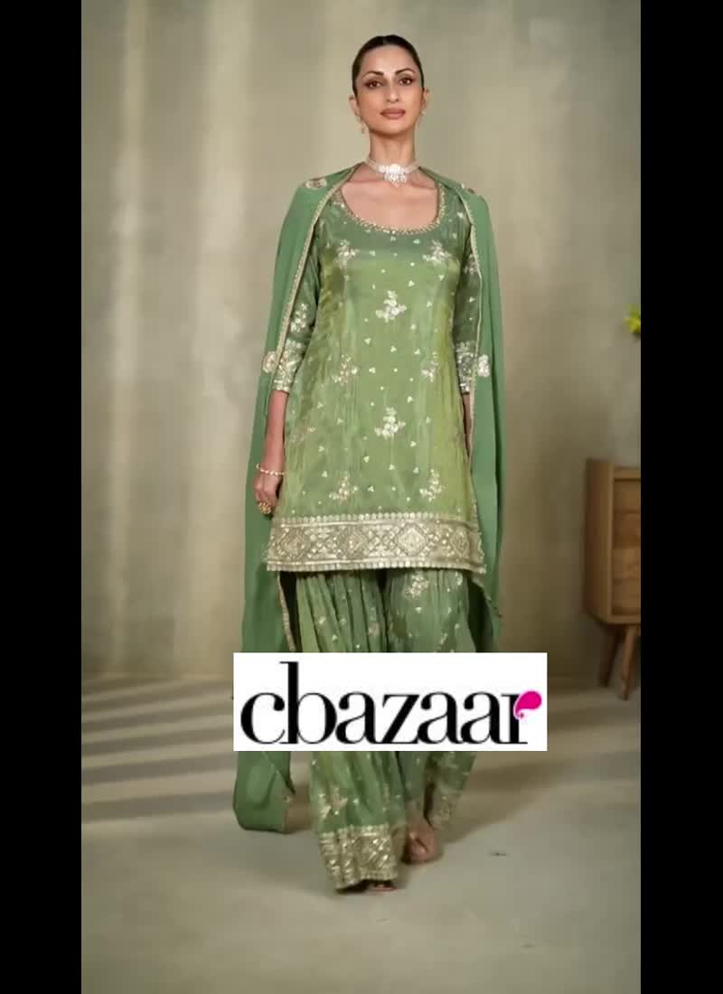 Embroidered Sequins Green Palazzo Suit Party Wear