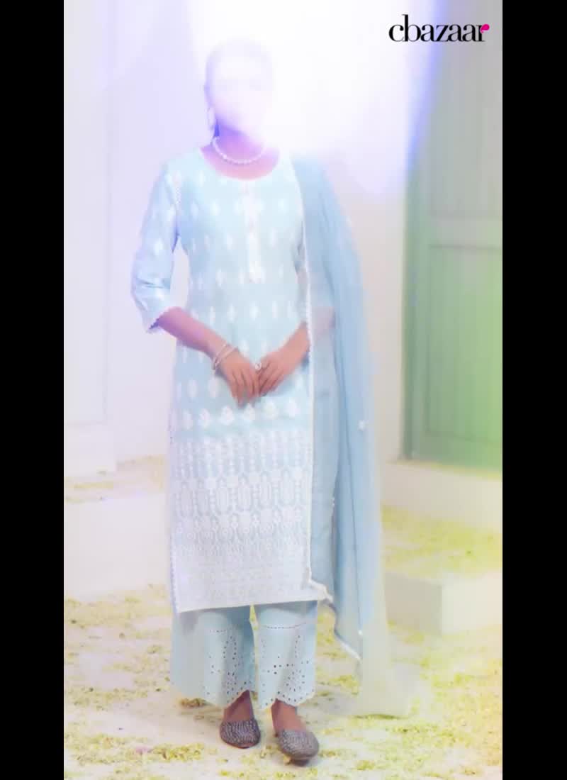 Embroidered Sky Blue Cotton Dressy Palazzo Pant Suit For Classy Women Party Wear