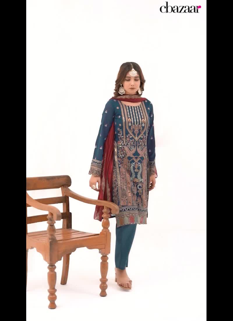 Embroidered Teal Blue Faux Georgette Pakistani Suit Party Wear