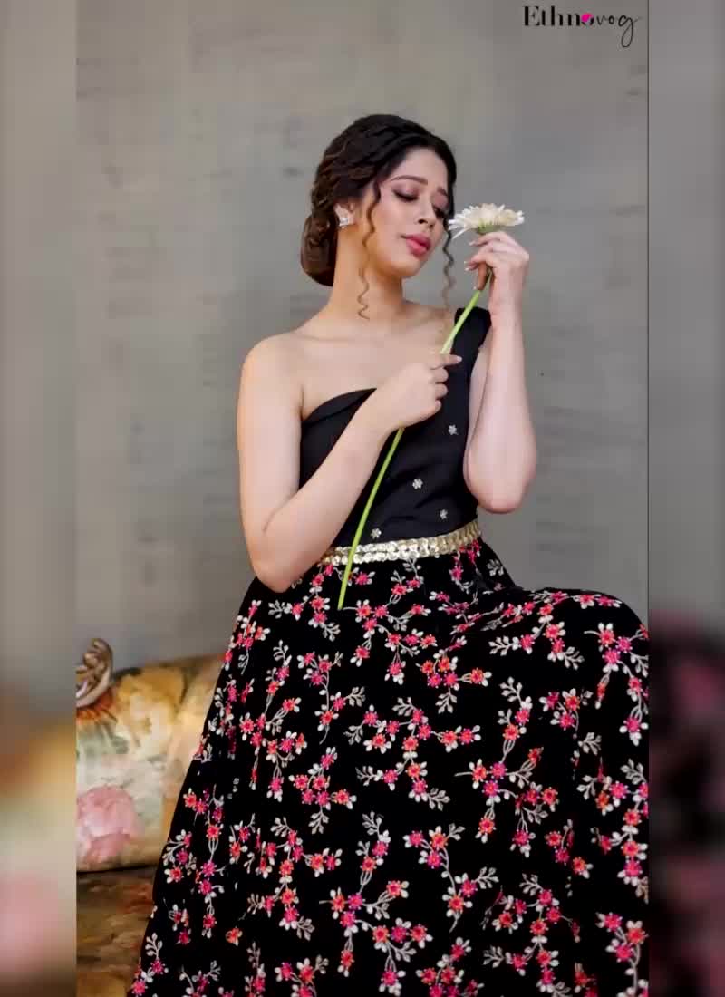 Ethnovog One Shoulder Style Embroidered Gown Party Wear