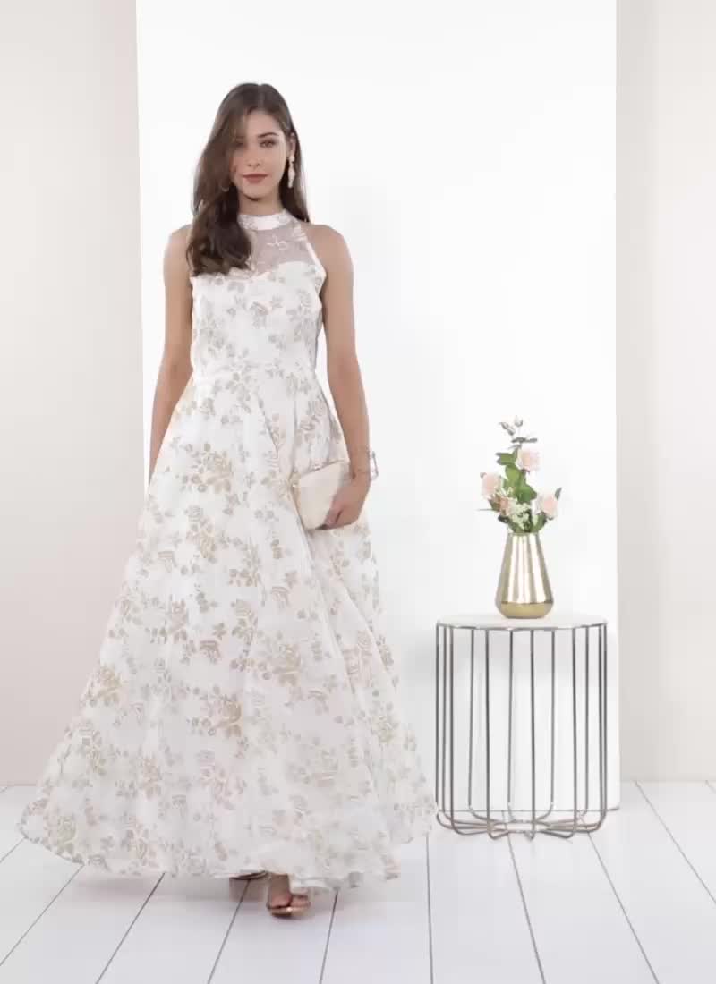 Ethnovog Organza White Printed Gown Party Wear