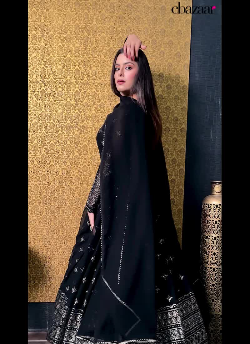 Faux Georgette Foil Print Black Anarkali Gown Party Wear