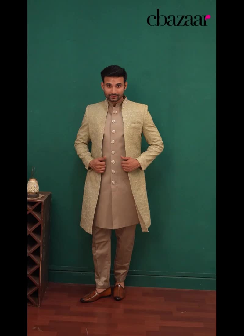 Fawn Silk Embroidered Sequins Indowestern Sherwani Wedding Wear