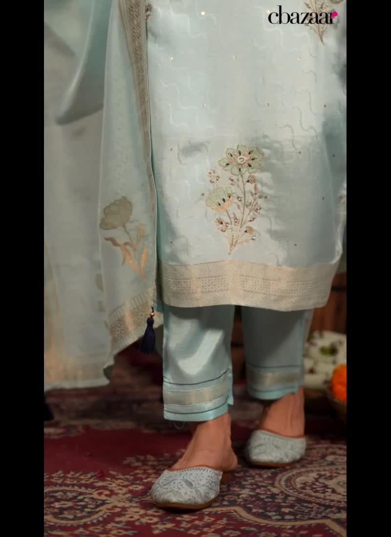 Floral Embroidered Jacquard Hand Work Sky Blue Viscose Straight Pant Suit Party Wear