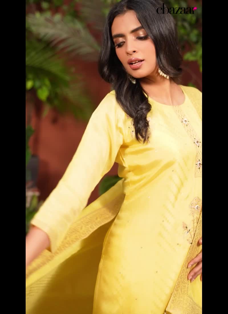 Floral Embroidered Jacquard Hand Work Yellow Viscose Straight Pant Suit Party Wear