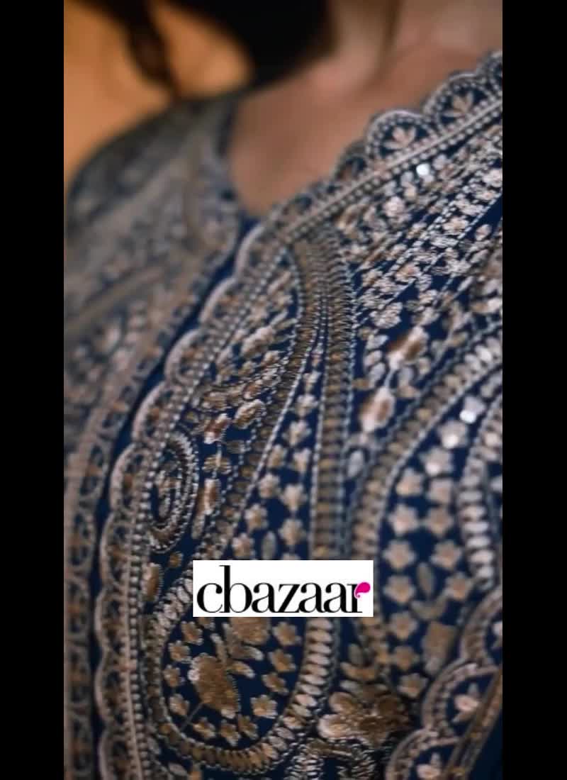 Golden Embroidered Blue Anarkali Style Lehenga Party Wear