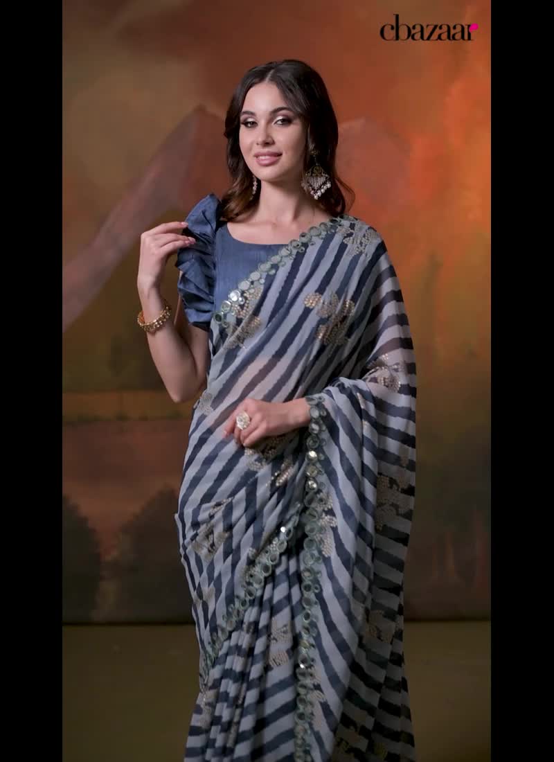 Gorgeous Black Georgette Leheriya Foil Print Mirror Work Saree With Blouse Party Wear
