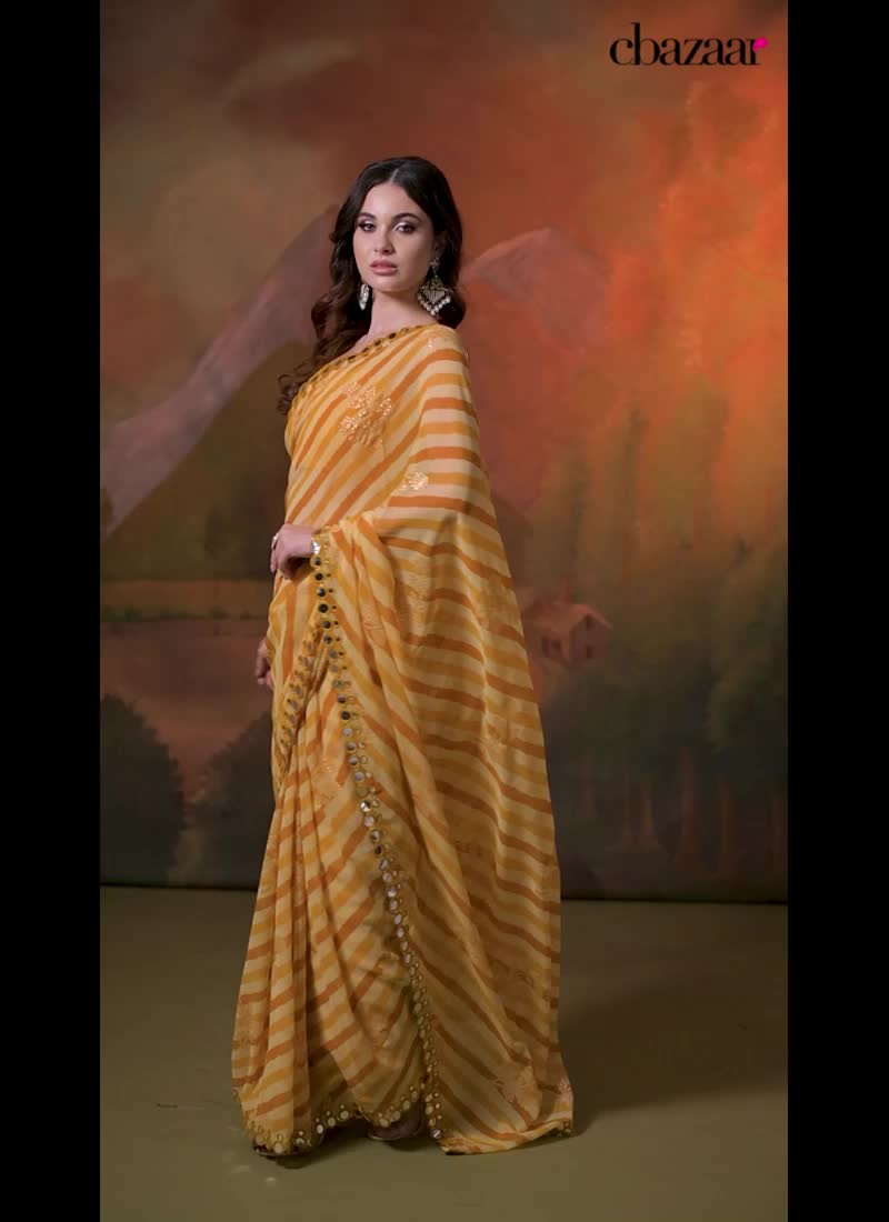 Gorgeous Yellow Georgette Leheriya Foil Print Mirror Work Saree With Blouse Party Wear