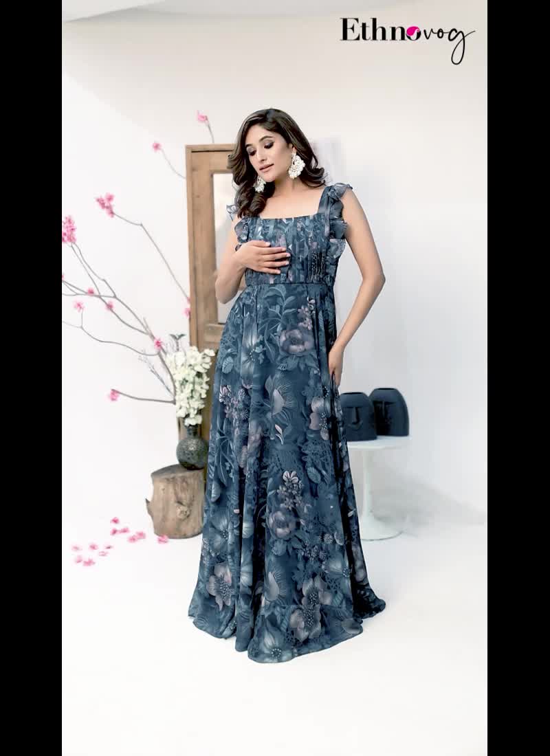 Green Digital Printed Georgette Gown Festive Wear