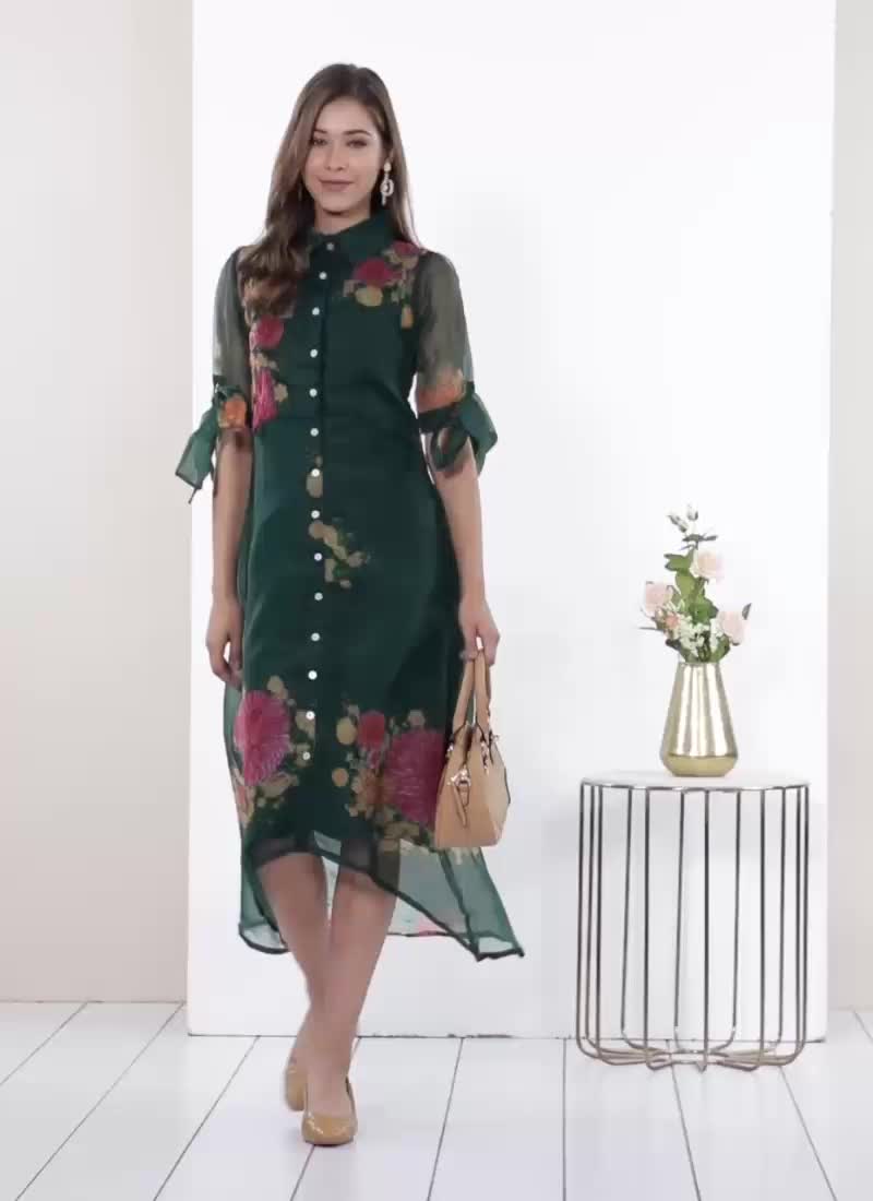 Green Digital Printed Organza High N Low Dress After Six Wear