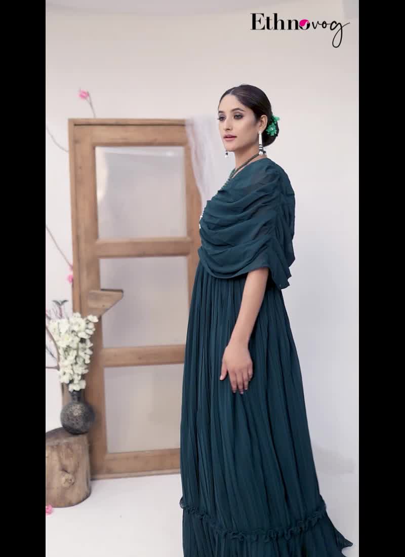 Green Embroidered Georgette Pleated Gown Party Wear