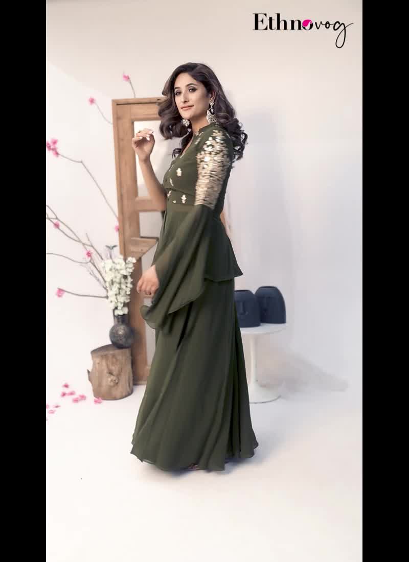 Green Embroidered Georgette Skirt Set Festive Wear