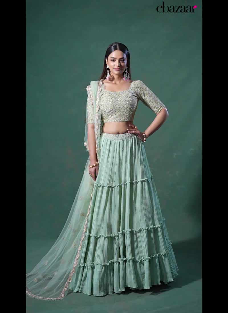 Green Faux Georgette Beads Embroidered Umbrella Lehenga Party Wear