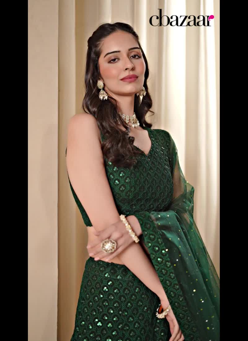 Green Georgette Embroidered Sequins Lehenga Wedding Wear