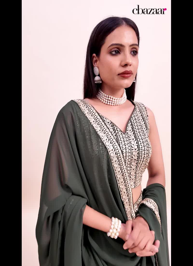 Green Faux Georgette Lehenga With Choli And Dupatta Embroidered Sequins Party Wear