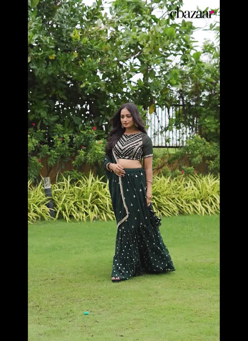 Green Faux Georgette Sequins Embroidered A Line Lehenga With Matching Choli And Dupatta Wedding Wear