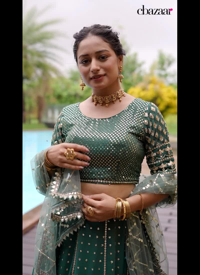 Green Faux Georgettte Sequins A Line Lehenga With Matching Choli And Dupatta Wedding Wear