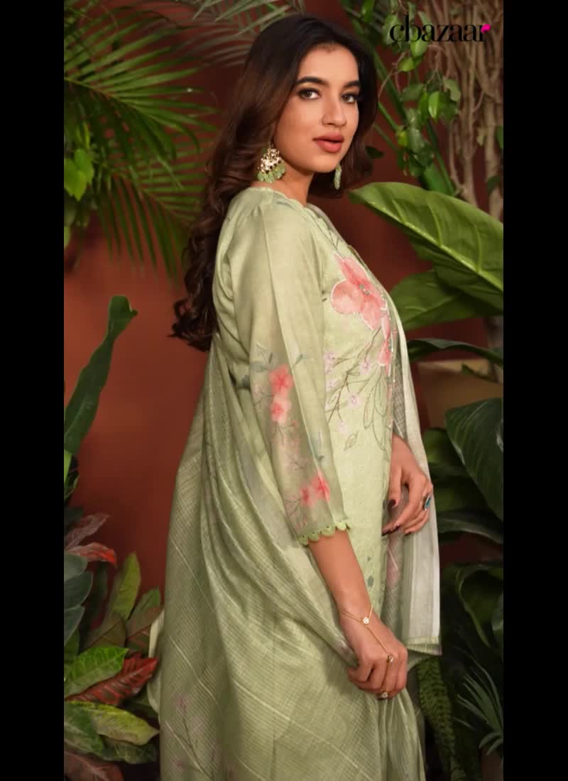 Green Floral Digital Print Hand Work Schiffli Kurta Straight Pant Suit After Six Wear