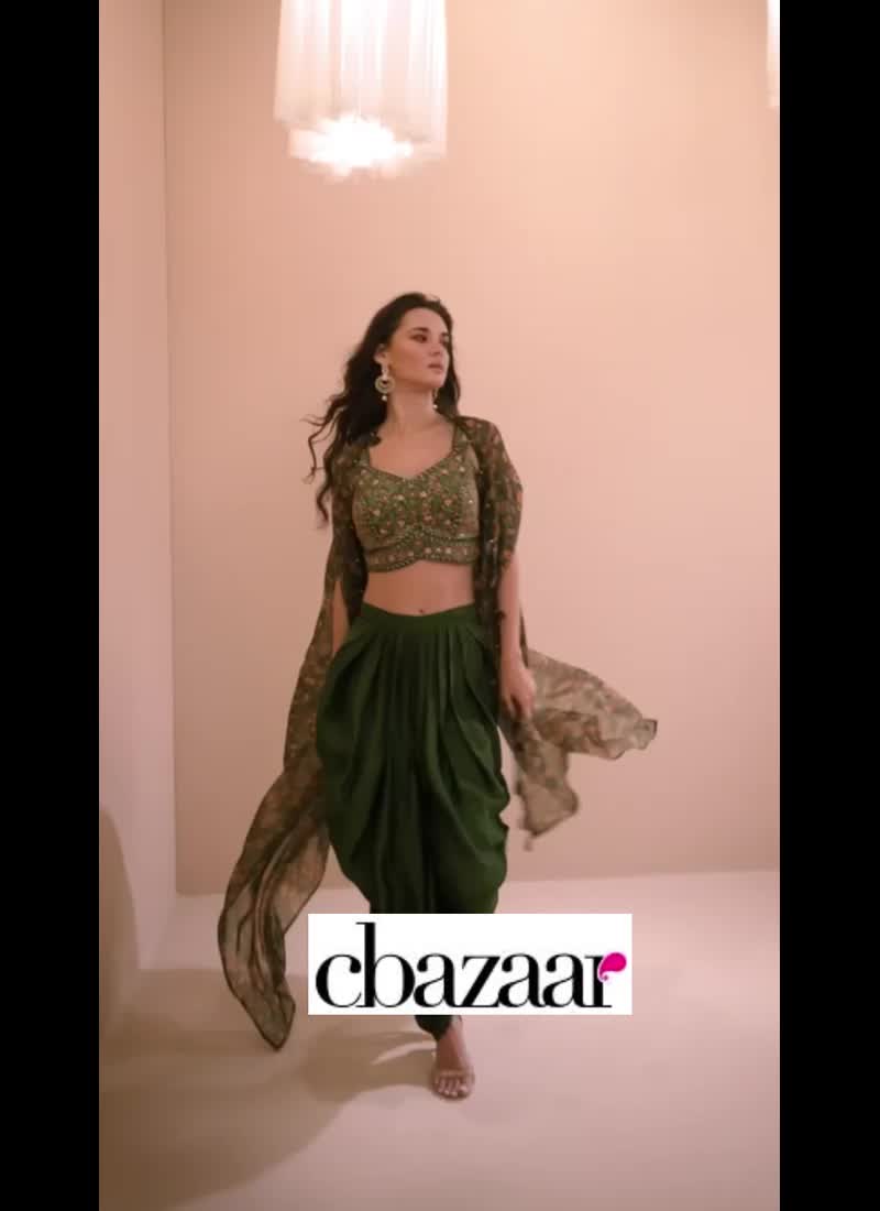 Green Satin Blend Embroidered Indowestern Sets and Suits Party Wear