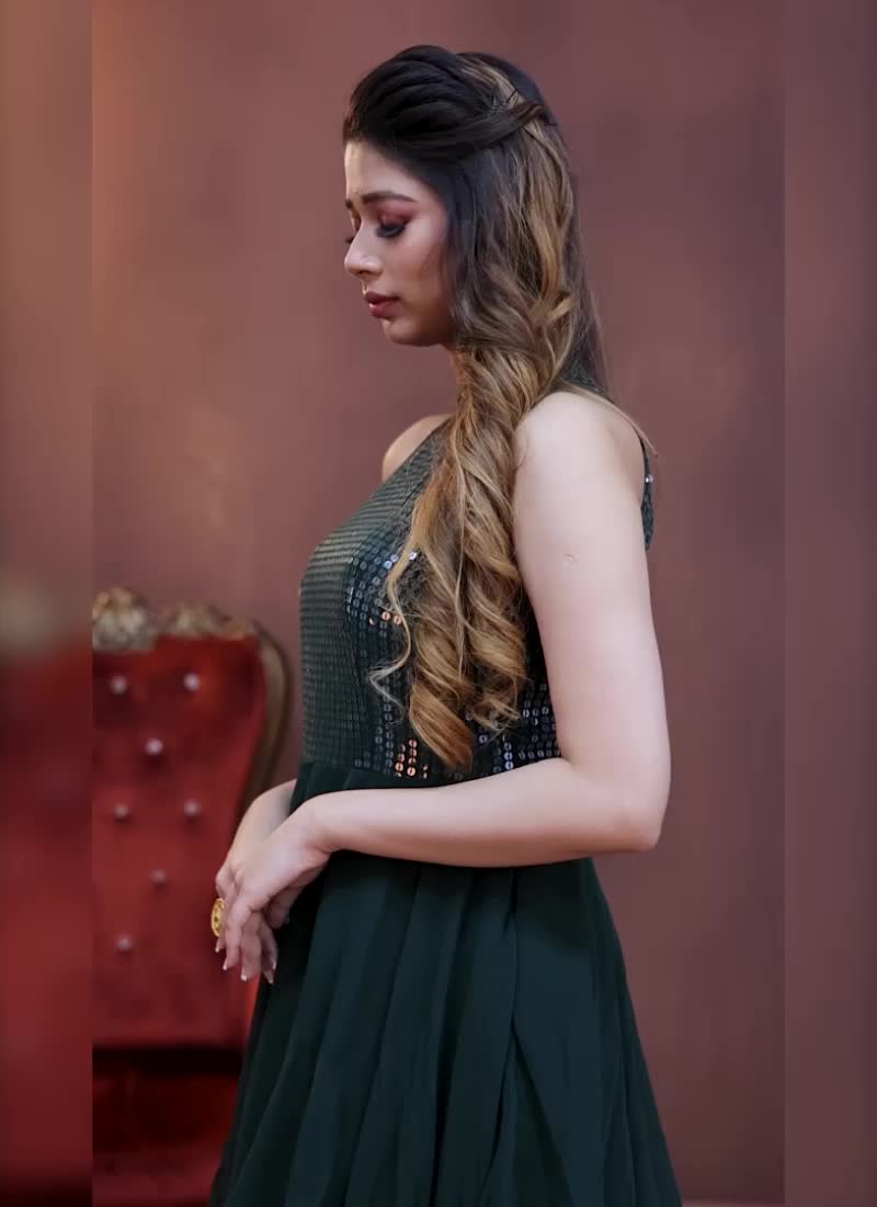 Green Sequins Handkerchief Gown Party Wear